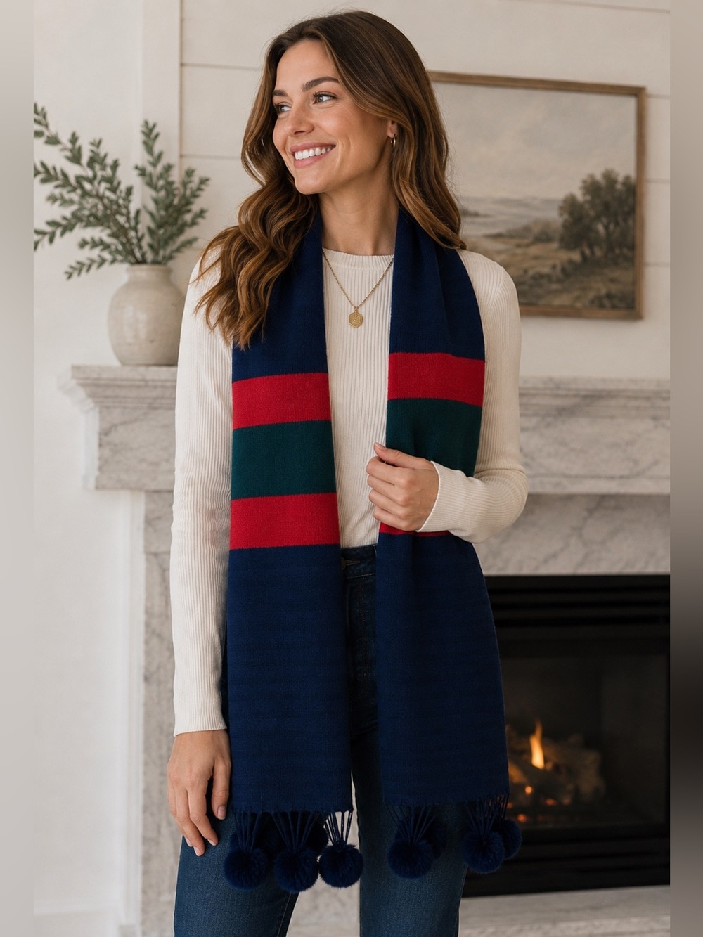 Navy Wrap with Red and Green Stripes and Navy Pom-pom Accents
